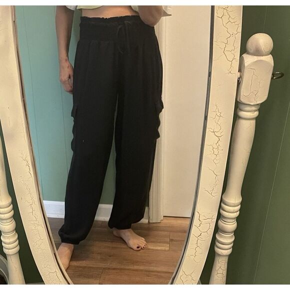 JW Style Black Cargo Jogger Pants M Rayon Tencel Smocked Waist Pockets - Picture 7 of 7